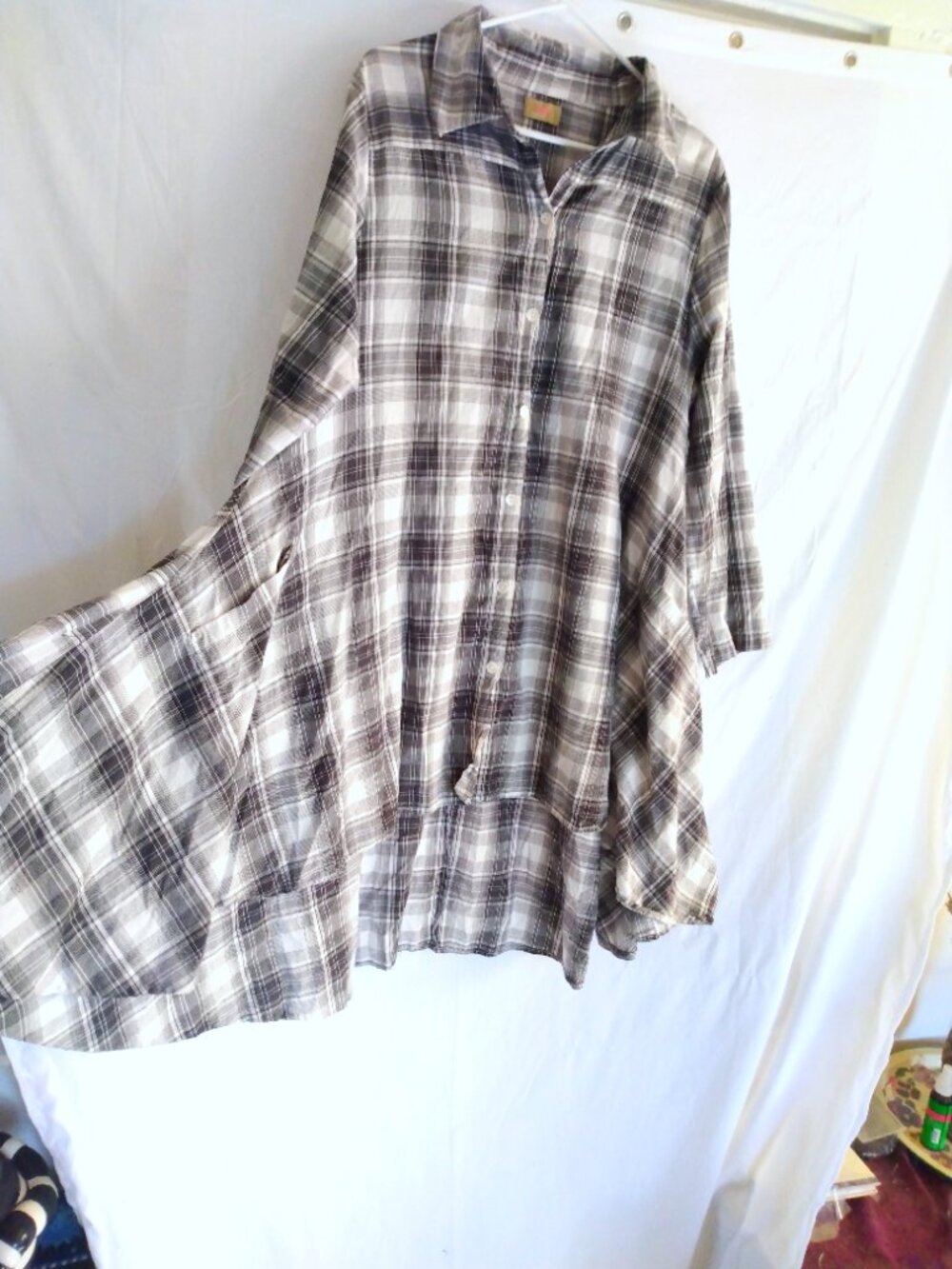 Tulip Plaid High‑Low Shirt Dress L Lagenlook Boho Cotton Asymmetrical Artsy - Picture 5 of 11